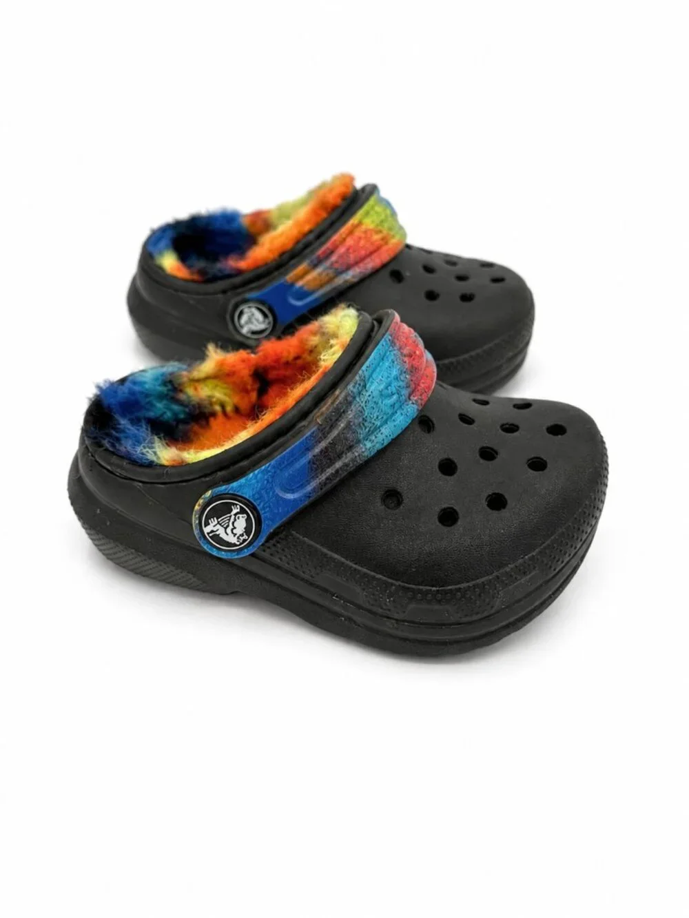 Crocs Toddler Black Fuzzy Lined Clogs Multicolor Strap Size 5